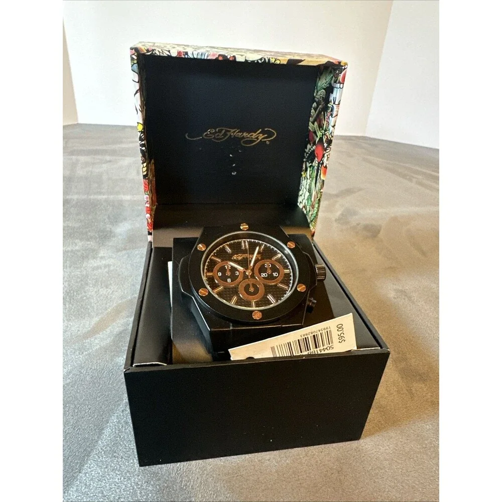 Ed Hardy Watch New In Box Black Stainless Steel Rose Gold Quartz Screw Accent